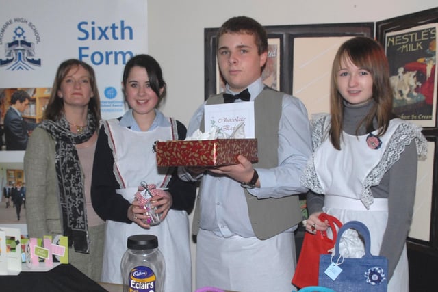 Carol Fitzsimons, left, chief executive Young Enterprise, with the Dromore High School company Handworks, at the Young Enterprise Trade Fair held at The Outlet in 2010. Included are Rebecca Corbett, Jordan Hayter and Hannah Scott.