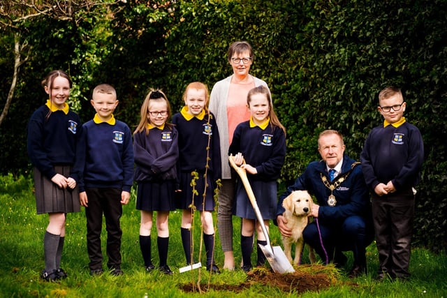 The Mayor of Antrim and Newtownabbey, Alderman Stephen Ross, with pupils from Abbots Cross Primary School, principal Mrs Griffith and their new therapy dog.