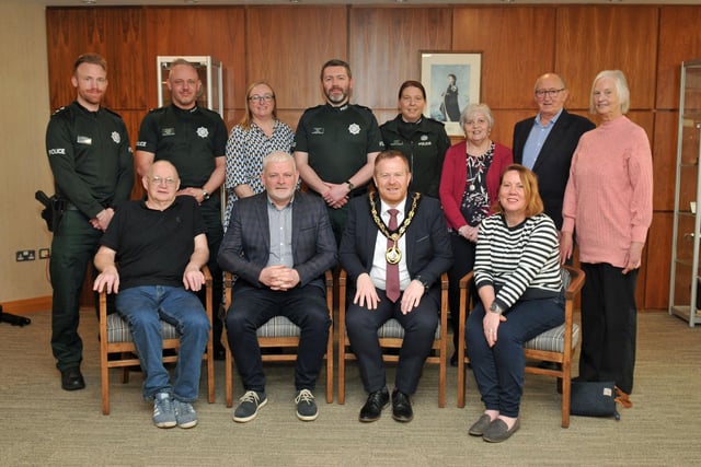 Lord Mayor of Armagh City, Banbridge and Craigavon, Councillor Paul Greenfield hosts a reception to mark the retirement of Sergeant Alwyn Peters (front, second left) after 30 years service with the PSNI, the last 10 years with the Craigavon Neighbourhood Team. Included are community representives from the Central Craigavon Area, PSNI colleagues, Alison Clenaghan, Community Service Manager and Patricia Gibson, PCSP manager.