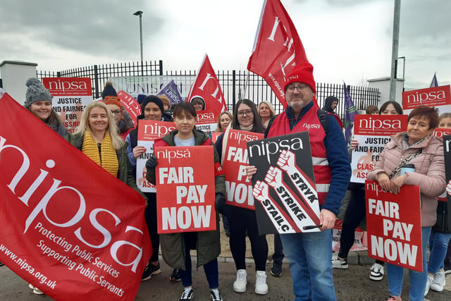 Workers on the picket line at Lismore College, Craigavon, Co Armagh.  Hundreds of school support staff from unions such as Unison, Unite, GMB and NIPSA joined the strike on the second day in what will be one of the biggest strikes among non-teaching unions in years. The ongoing industrial dispute is over the failure to deliver a pay and grading review to education workers as part of a negotiated resolution of the 2022 pay dispute.