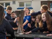 Pupils at schools across Larne have been able to get their hands on the UEFA Europa Conference League trophy ahead of Thursday's clash with Shamrock Rovers. (Pic: Larne FC).