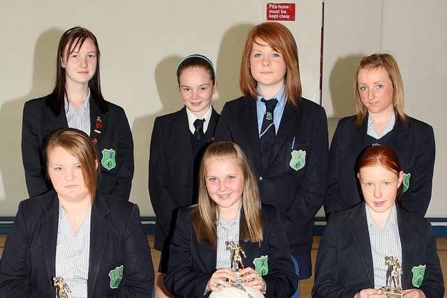Fort Hill College pupils who won the Best Player Awards in Netball in 2007. Back Row – Left to Right:- Lauren Rainey – Intermediate A Team, Rachael McCready – Intermediate B Team, Emma Willis – Senior Team, Emma Beattie – Intermediate C Team Front Row – Left to Right:- Amy Nixon – Year 9 Minors, Erika Trimble – Year 8 and Natalie Graham – Year 10 Junior Team