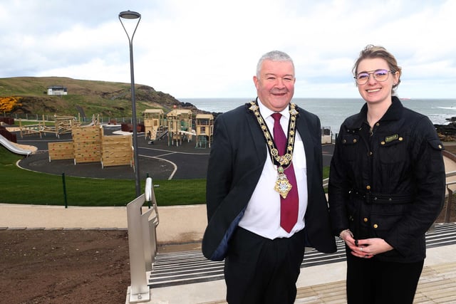 Dehenna Davison, Parliamentary Under-Secretary of State for the Department for Levelling Up, Housing and Communities, and the Mayor of Causeway Coast and Glens Borough Council, Councillor Ivor Wallace, pictured during a visit the regenerated Portrush Recreation Grounds. It is due to fully open to the public in the coming weeks, and is the first Levelling Up project in Northern Ireland to reach that stage.