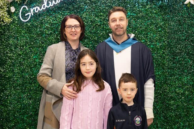 Pictured with his family is Gareth Kennedy, a mature student from Enniskillen, who has achieved his degree at South West College. Picture: SWC