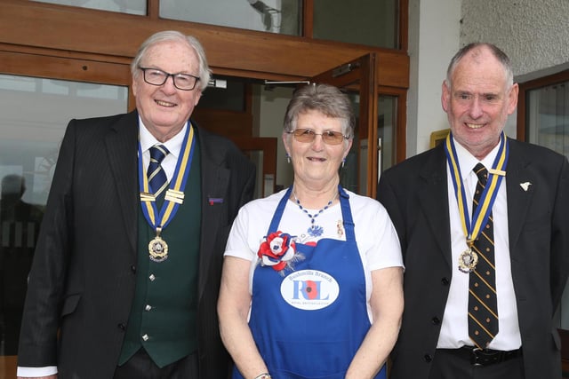 Helen Heaney with Jim Fairburn, President, and Neil Mills, Chairman, pictured at Bushmills Royal British Legion  Coronation tea party held at Dunluce Parish centre on Monday