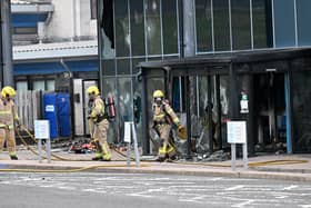Firefighters tackling the blaze at Larne Leisure Centre. Photo: Presseye