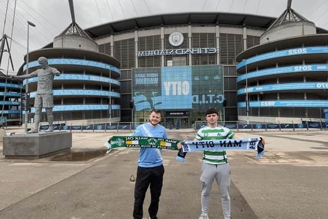 Seamus Groogan and Odhran Madden getting ready for their walk from Manchester to Glasgow on Monday.