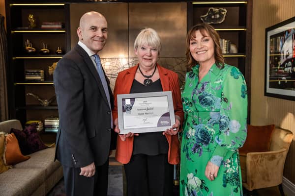 Lorraine Kelly and Martin Jones with Saintfield carer Kate Herron
