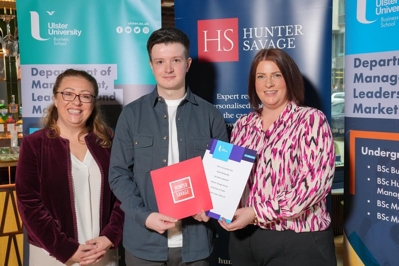 BSc Hons Human Resource Management graduate Mark McRandle won the Hunter Savage Award for highest achieving final year student. Mark, from Larne, is pictured with Dr Fodhla McGrane, BSc Hons HRM course director and Stephanie Mulholland, Hunter Savage.