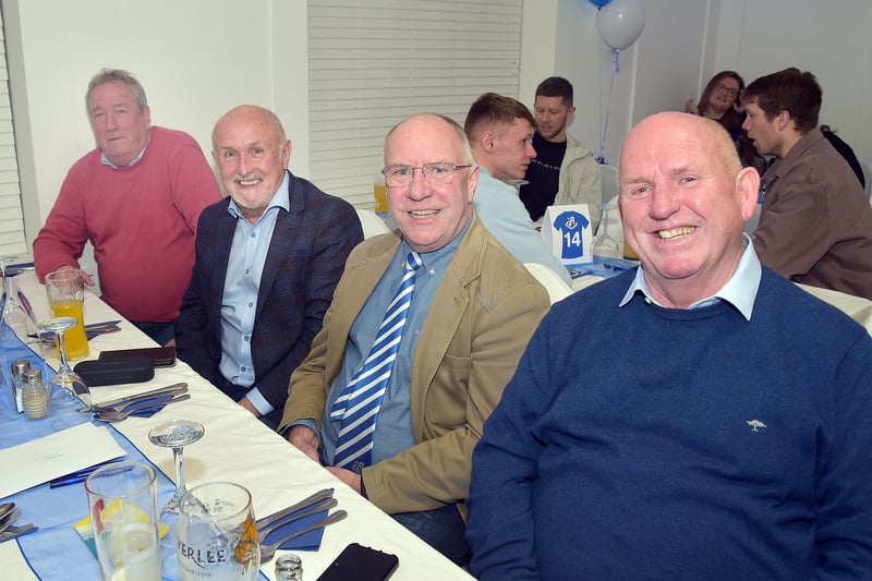 Friends of Hilbert Willis who attended his 100th birthday bash at Loughgall FC on Saturday night including from left, Henry Clougher, Alfie Wylie, John McCann and Maurice Wright. PT07-215.