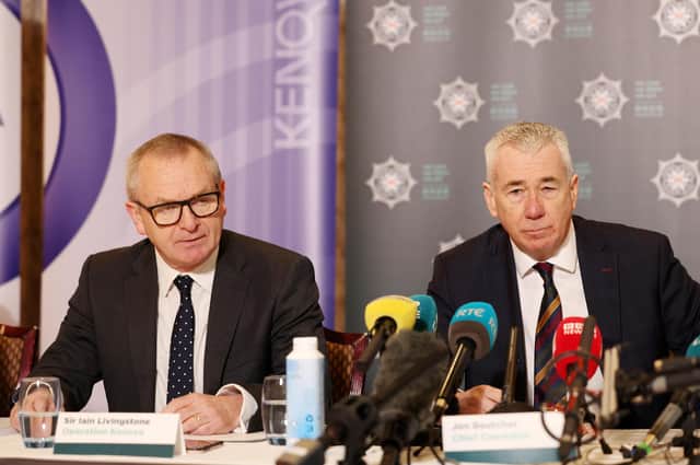 Sir Iain Livingstone (left) and PSNI Chief Constable Jon Boutcher at the launch of the Operation Kenova report. Photo: Jonathan Porter/PressEye