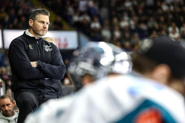 Belfast Giants’ head coach Adam Keefe during Sunday night's Elite Ice Hockey League game against the Nottingham Panthers at the Motorpoint Arena, Nottingham. Photo by William Cherry/Presseye