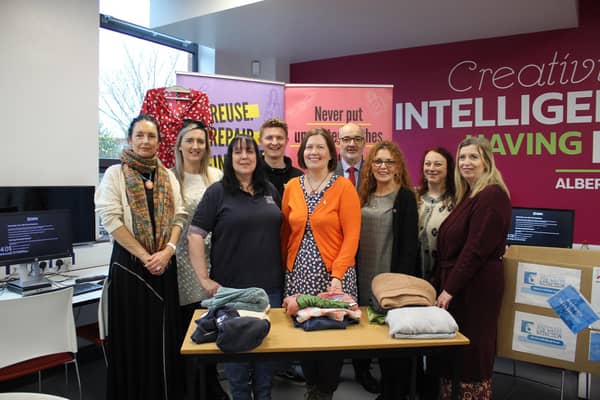 Celebrating European Week for Waste Reduction at South Eastern Regional College are (L-R) Tessa Montague, Lecturer,  Dearbhla Knight, Enterprise Team, Joanne Templeton - Lisurn & Castlereagh Council, Michael Holmes, Enterprise Team,  Siobhan Purnell - Keep Northern Ireland Beautiful, Richard Armstrong – Lisburn Campus Manager, SERC, Donna Ferguson - NI Hospice, Julie Warrington - Action Cancer and Fiona Cullen, Cancer Focus. Pic credit: SERC