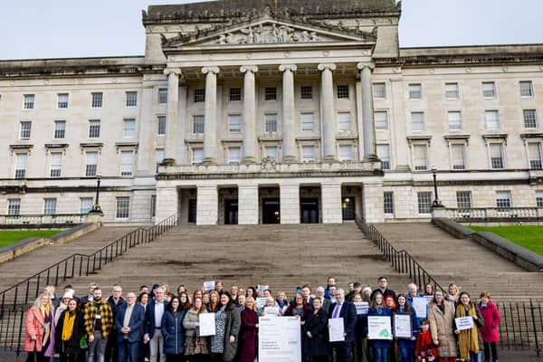Campaigners call for action on child poverty at Stormont. Credit: Hannah Christie at Hyperfocus Creative