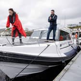 Deputy First Minister Emma Little- Pengelly launches one of the Redbay RIBs alongside Conor McLaughlin from Redbay Boats. Pic Steven McAuley/McAuley Multimedia