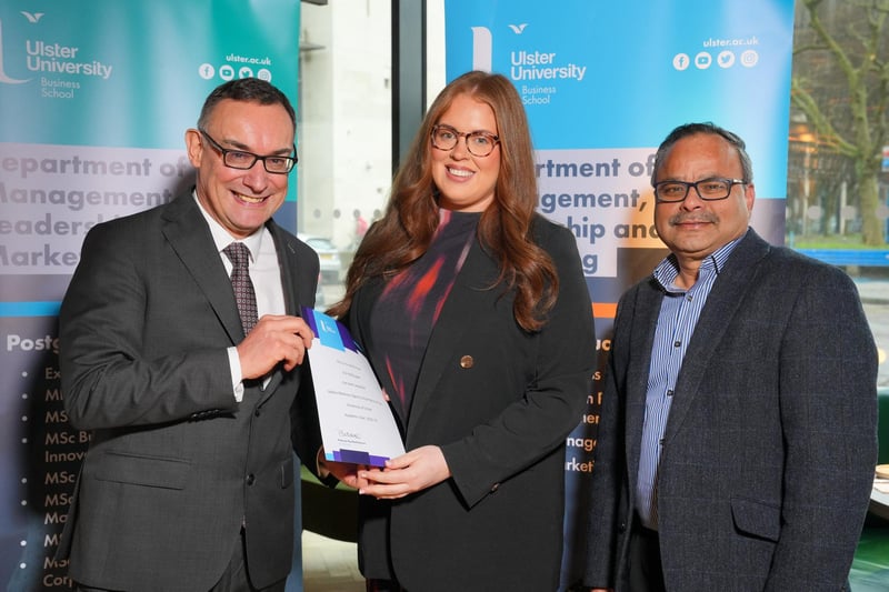 Erin McGuigan, MSc Human Resource Management graduate, was awarded the Labour Relations Agency Dissertation Prize for highest mark in dissertation. Erin, from Dungiven, is pictured with Don Leeson, Labour Relations Agency and Dr Paul Joseph-Richard, MSc in HRM course director