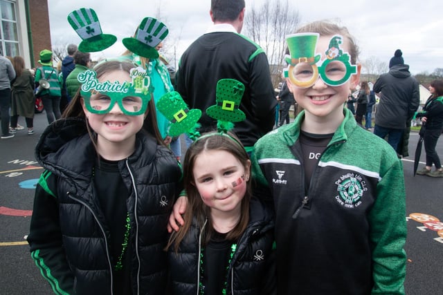 Looking happy at the Derrymacash St Patrick's Day parade are from left, Caoimhe McCluskey(7), Cadhla McCluskey (5) and Darcy Goff (8). LM12-226.