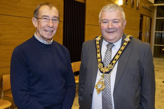 David McKeown the Director of the Coleraine & District Samaritans with the Mayor of Causeway Coast and Glens Borough Council, Councillor Ivor Wallace pictured at a reception held in Cloonavin for Salvation Army and Samaritans volunteers