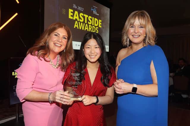 Lisa Jiang, Ashfield Girls’ High School, receives her award from Michelle Hatfield (left), Belfast City Airport and Tara Mills, BBC. Photo by:  Jim Corr Photography