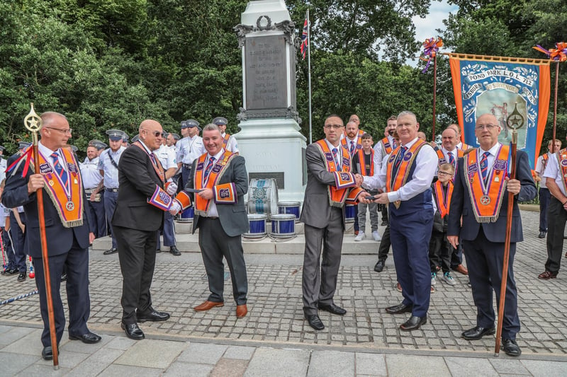 WDM Paul Graham and WM Stephen Parker LOL722 presenting 25 year Jewels to Gerald Prentice and David Thompson before the Somme Memorial Parade. Pic credit: Norman Briggs, rnbphotographyni