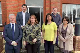 Detective Inspector Adrian Keon (PSNI), David Cairnduff (Asst. Director Organisation & Workforce Development, South Eastern Trust), Sheila Simons (Chair, South Eastern Area Domestic & Sexual Violence & Abuse Partnership),  Roisin Coulter (Chief Executive, South Eastern Trust), Lee Edmonds (Trade Union Secretary) and Lyn Preece (Director of Children's Services & Social Work, South Eastern Trust). Pic credit: SEHSCT