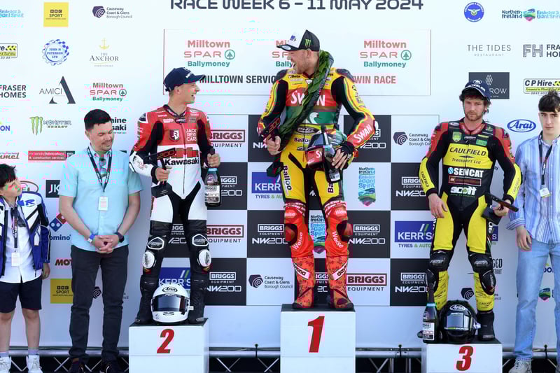 Race one podium: Peter Hickman wins Saturday's first Supertwin race, Richard Cooper claims second and Mike Browne third