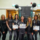 Northern Regional College Beauty students who were placed in the top three of the inter-campus WorldSkills beauty competition with their models. From L-R Sharon Eatwell, Curriculum Area Manager for Hair and Beauty (Magherafelt campus); Charlene Balmer, Coco Rose Beauty and judge; Michaela Martin, 2nd (Magherafelt campus); Teri Walker, 1st (Trostan Ave); Kylee Brett 3RD (Trostan Ave) and Rosemary Finlay Curriculum Area Manager for Hair and Beauty (Trostan Ave).