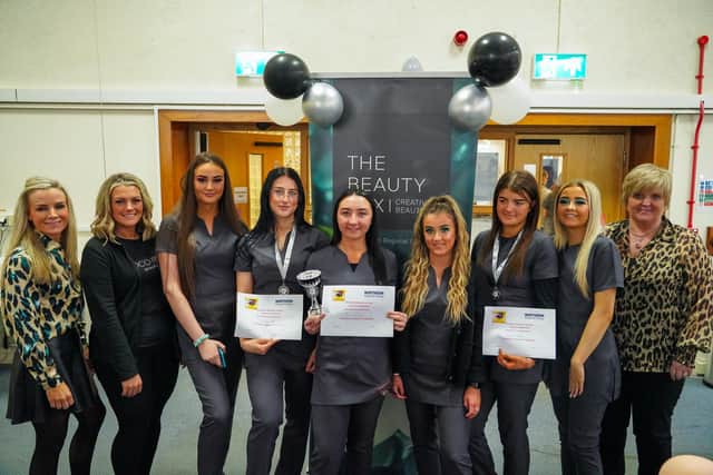 Northern Regional College Beauty students who were placed in the top three of the inter-campus WorldSkills beauty competition with their models. From L-R Sharon Eatwell, Curriculum Area Manager for Hair and Beauty (Magherafelt campus); Charlene Balmer, Coco Rose Beauty and judge; Michaela Martin, 2nd (Magherafelt campus); Teri Walker, 1st (Trostan Ave); Kylee Brett 3RD (Trostan Ave) and Rosemary Finlay Curriculum Area Manager for Hair and Beauty (Trostan Ave).