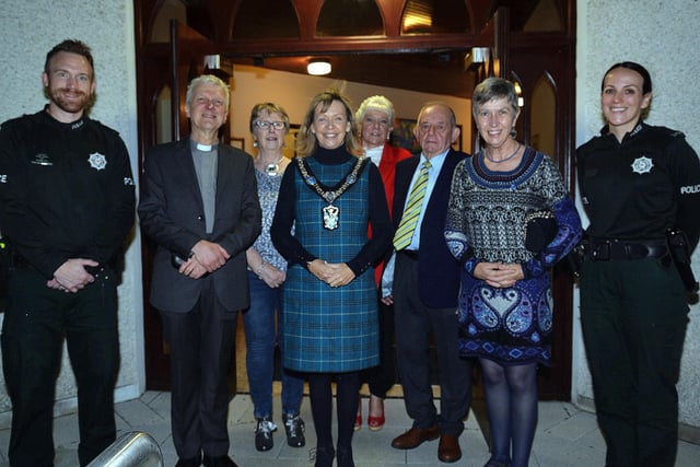 Lord Mayor of ABC Council, Alderman Margaret Tinsley , front centre, pictured at the Country and Gospel Concert in Tartaraghan Parish Church Hall with guests from left, Inspector Adam Ruston, PSNI Portadown Neighbourhood Team; Canon David Hilliard, Parish rector; Jennifer Harrison, Alicia Dickson, church warden; John Wilson, organiser; Mrs Louise Hilliard and Constable Emma Kay. PSNI. PT41-229.