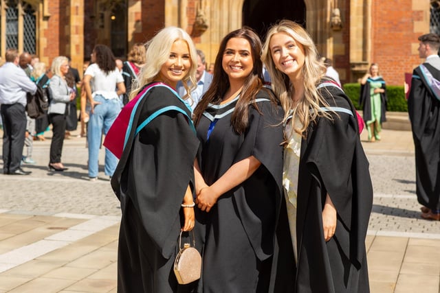 Pictured celebrating their graduation from Queen's University Belfast with degrees in Social Work are friends Lauren McAleese from Ballyclare, Kerrie Murphy from Belfast and Michaela Hackett from Belfast.