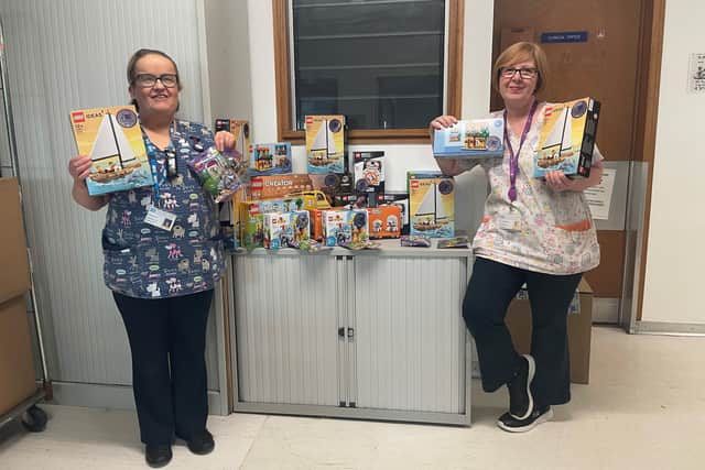Ulster Hospital Health Play Specialist’s Sharon Pauley and Gillian Sinclair with the Fairy Bricks Lego donations. Pic credit: SEHSCT
