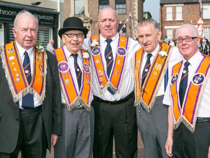 Tommy Cathcart, James Barron, David Robb Snr, Robinson Barron and John Thom celebrating the Twelfth. INCT 29-409-RM