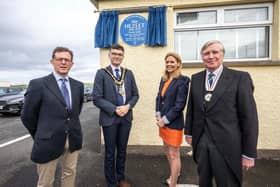 Mayor of Causeway Coast and Glens, Councillor Ciarán McQuillan has attended the unveiling of a Blue Plaque located at Royal Portrush Ladies’ Clubhouse in memory of May Hezlet. Pictured alongside the Mayor are (l-r) May's great, great, great nephew Rupert Cramsie, Royal Portrush Ladies’ Captain, Naoimh Quigg and Mr Andrew Frazer, DL County Antrim.