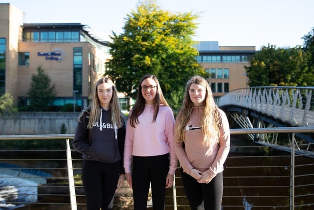 New students embarking on their new academic journey at South West College Omagh campus are from left; Caitlin Kelly studying Business, Ciara McCaffrey studying Hair and Beauty and Erin Cullen studying Childcare.
