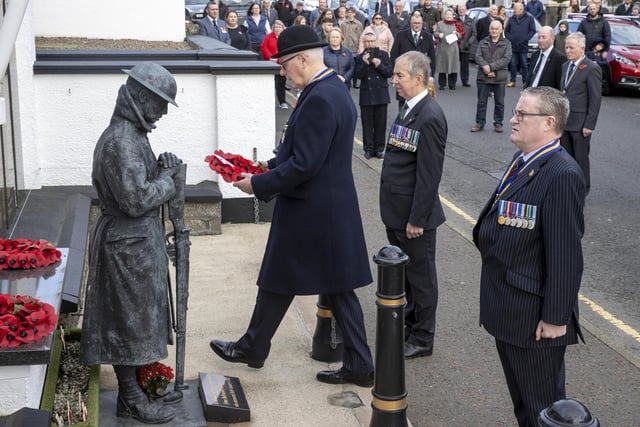 Ballymoney RBL President John Pinkerton lays a wreath at the War Memorial