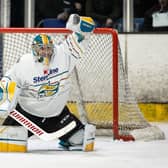 Jackson Whistle in goals for the Belfast Giants against the Coventry Blaze last weekend in the second leg of the playoff quarter-final. Picture: Scott Wiggins