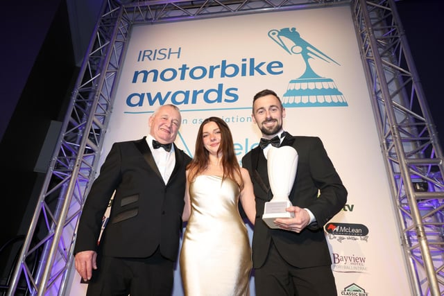 Eugene Laverty was inducted into the Hall of Fame at the Adelaide Irish Motorbike awards. He received the award from Laurence and Lauren Ferguson from Coleraine Kawasaki.