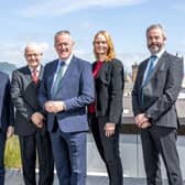 Up to 4,000 high quality jobs will be created in Northern Ireland as a direct result of Queen’s University’s £230 million programme of innovation across three innovation centres as part of the Belfast Region City Deal, with a funding commitment of £170m from the UK Government and Northern Ireland Executive.  Pictured are Dr Ryan Feeney, Queen’s vice-president, Strategic Engagement and External Affairs, Professor Stuart Elborn, Queen’s Provost and deputy vice-chancellor, Conor Murphy, Minister for the Economy, Kara Bailie, deputy director of Strategic Programmes at Queen’s, David Quinn, executive director, Belfast Region City Deal at Queen’s