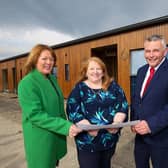 Justice Minister Naomi Long is pictured during a visit to Magilligan Prison where she viewed the ongoing work on a new kitchen and café project and plans for new prisoner accommodation. Included are Beverley Wall, Director General of the Northern Ireland Prison Service, and Gary Milling, Governor of Magilligan Prison. CREDIT DOJ