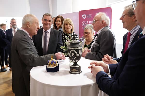 King Charles attends a reception at Banbridge Old Town Hall, celebrating Banbridge’s local businesses, and rich heritage of arts and culture.  Picture: Kelvin Boyes / Press Eye.