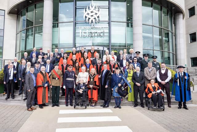Guests and dignitaries at Lagan Valley Island to celebrate Thomas Doherty's conferment of Freedom of the City of Lisburn and Castlereagh. Photo: McAuley Multimedia Ltd