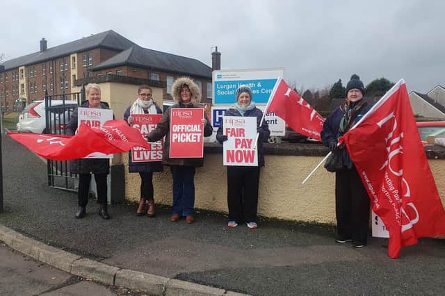 NIPSA workers on strike outside Lurgan Hospital, Co Armagh on Tuesday February 21, 2023.