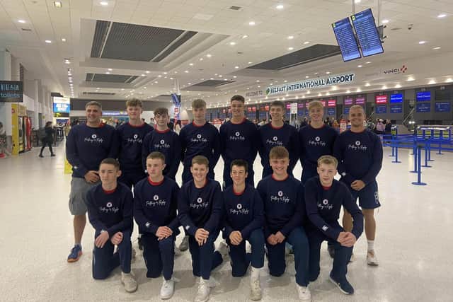 The Ballyclare High contingent pictured ahead of their flight from Belfast International Airport. Pic: Ballyclare High.