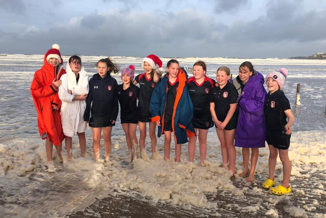 Braving the choppy waters during their sea dip debut on Portstewart Strand are Year 8 pupils from Coleraine Grammar School; Anna McGreevy, Elise Archibald, Erin Semple, Isabella McCarron, Jasmine Moore, Jessica Cartmill, Josie Dixon, Lucy Blackstock, Poppy Ewing and Sarah McCaughey