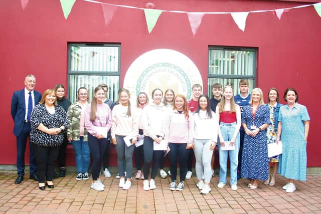 St Ronan's College, Lurgan A Level and AS top achievers  with Mrs Bronagh Bradley, Director of Key Stage 5, Mr Charlie McConville, Vice Principal, Mrs Fiona Kane, Principal, Mrs Ita Cosgrove, Vice Principal, Mrs Eithne Erskine, Director of Performance and Assessment/VP.