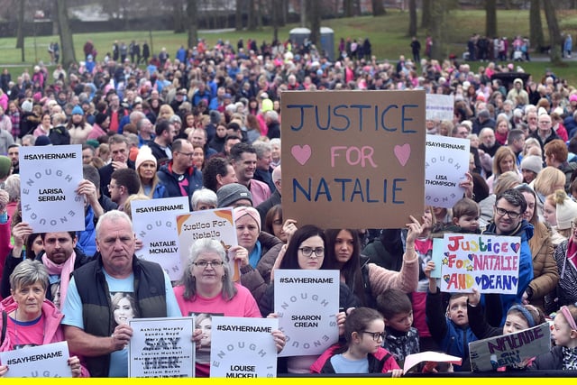 Hundreds turned out for the Natalie McNally vigil in Lurgan Park on Saturday. LM05-211.
