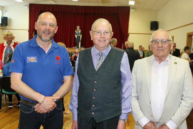 Mark Heaney, Robert McIlroy and Leslie Heaney pictured at Bushmills Royal British Legion  Coronation tea party held at Dunluce Parish centre on Monday