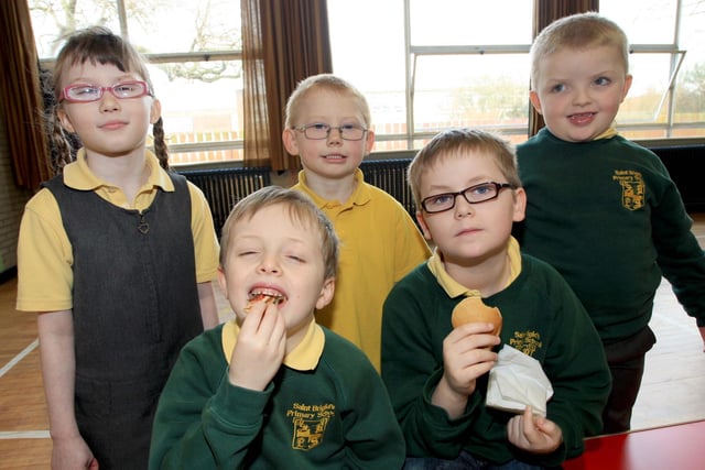 St.Brigids PS Ballymoney Class A pupils Rebekah, James, Ciaran, Kristian and Matthew pictured enjoying Pancake Day at their school in 2009.