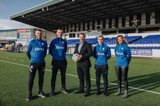 Pictured are (L-R): Stephen Lowry; Coleraine FC Manager Oran Kearney; Fibrus Chief Operating Officer Shane Haslem; Conor McKendry; and Alison Nicholl, Coleraine Ladies Manager