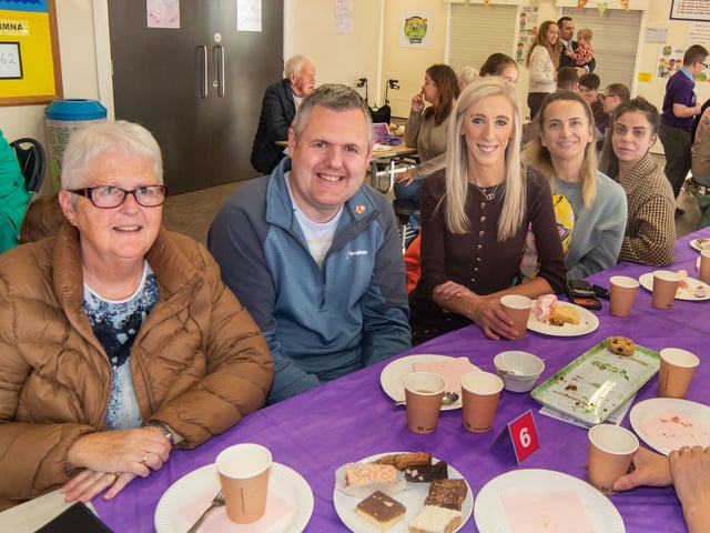 Enjoying the atmosphere at the Richmount Primary School charity coffee morning are from left, Carol Wright, Barry Wright, Carla Lockhart MP, Emel Hasanova and Filipa Simonova.